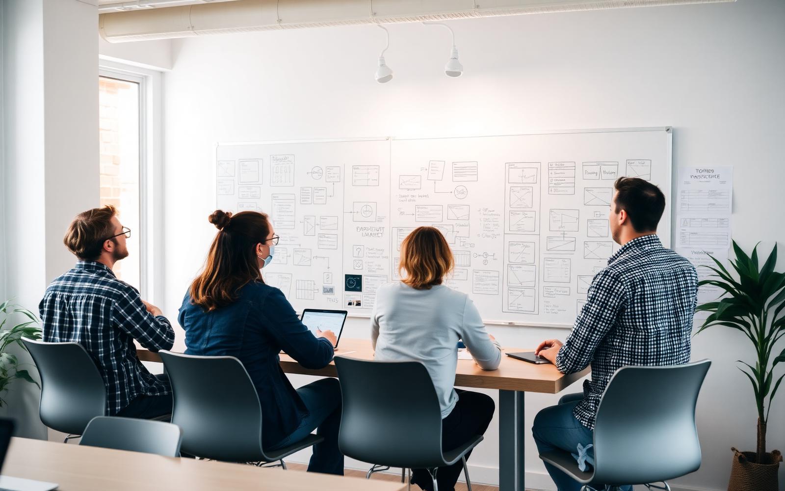 Colleagues discussing system diagrams drawn on a whiteboard during a planning session