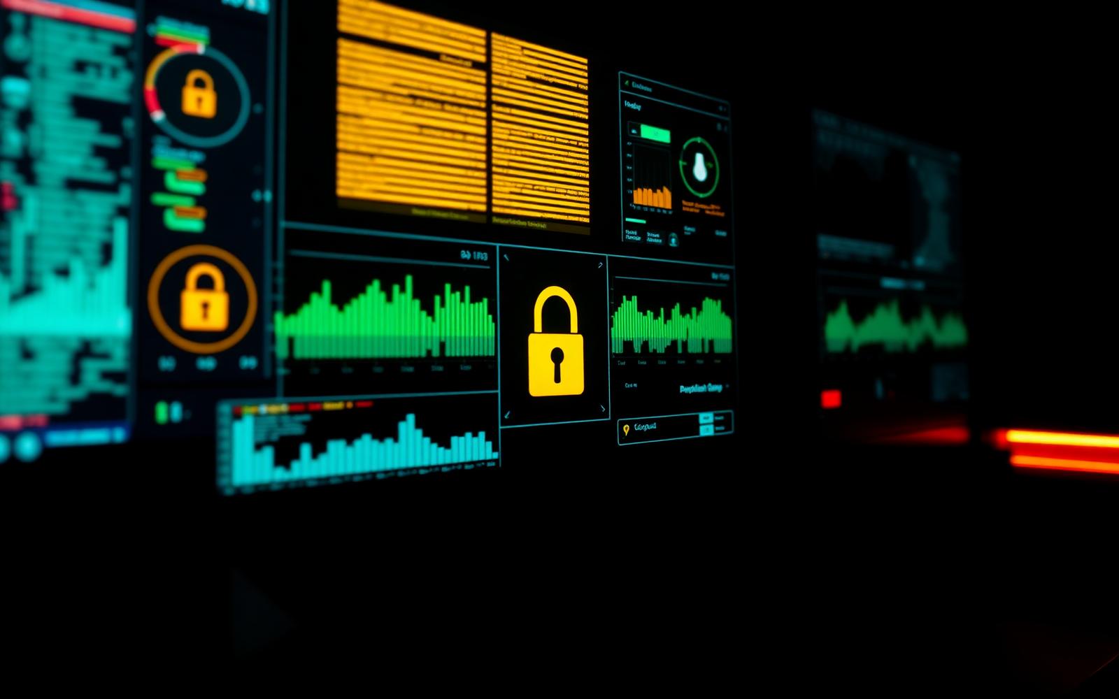 Monitoring dashboards displaying system charts and status indicators