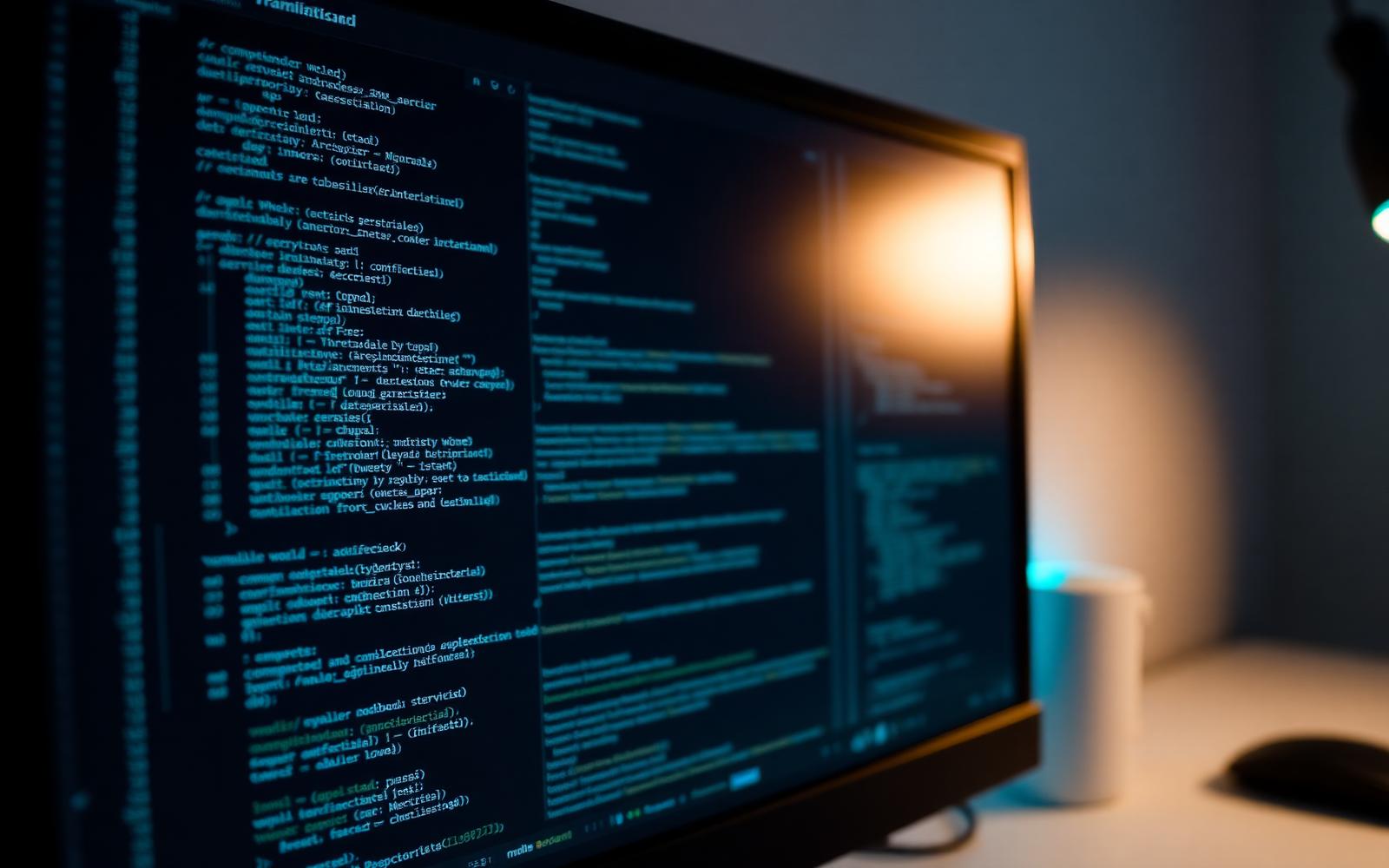 Application source code on a monitor in a quiet development workspace