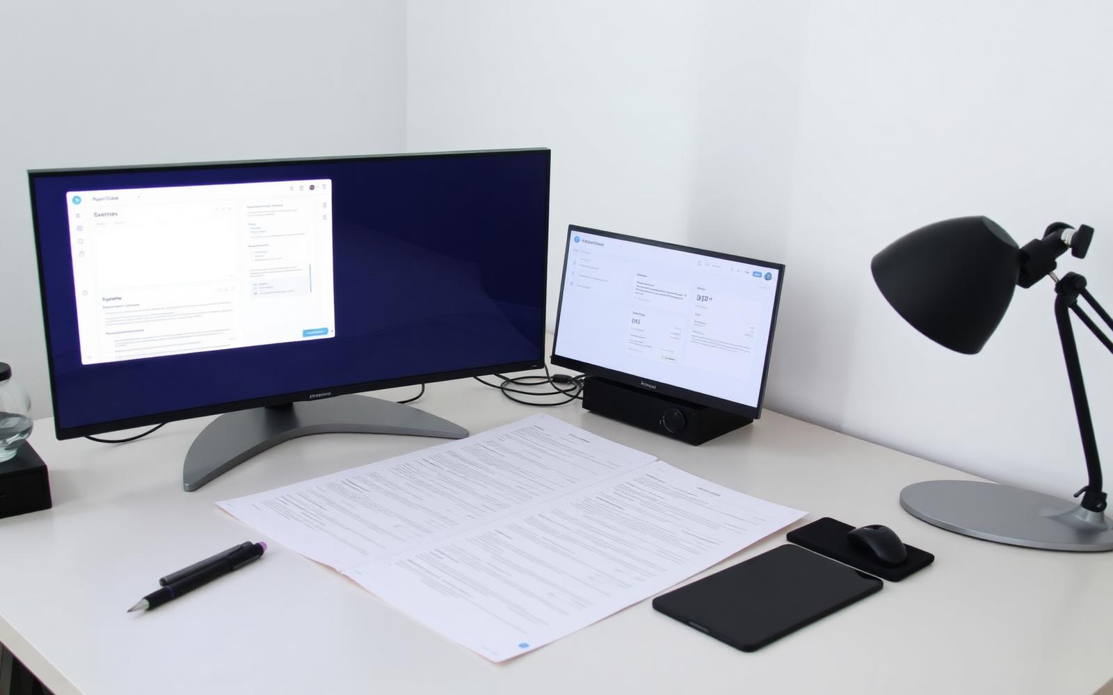 Interface designs on screen next to printed wireframes on a desk